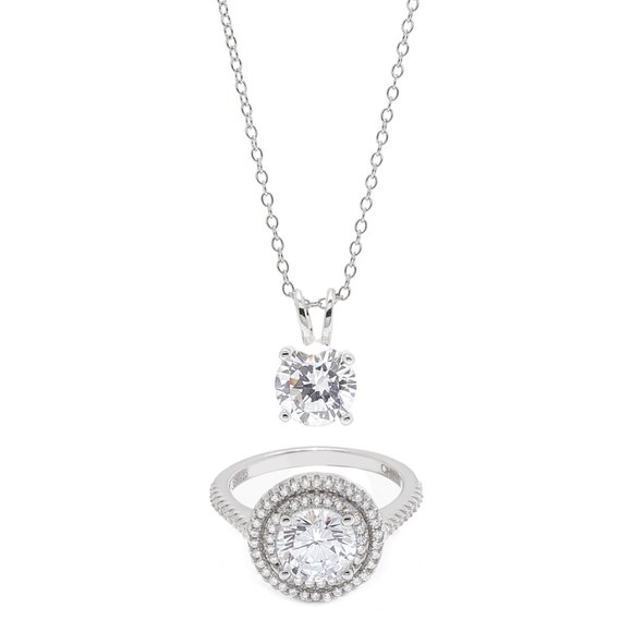 Diamonelle .925 Sterling Silver Plated Ring & Pendant with Chain Set Size 7 or 8 - Picture 1 of 12